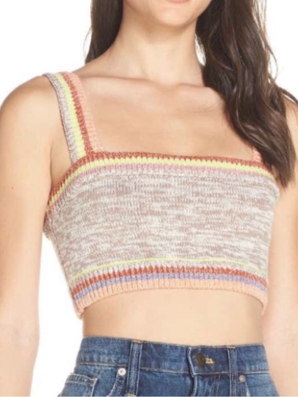Free People Striped Crochet-Trim Knit Crop Top